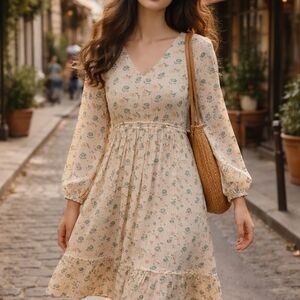 MANGO Floral Boho Dress. Cream With Small Gold Accents 💛